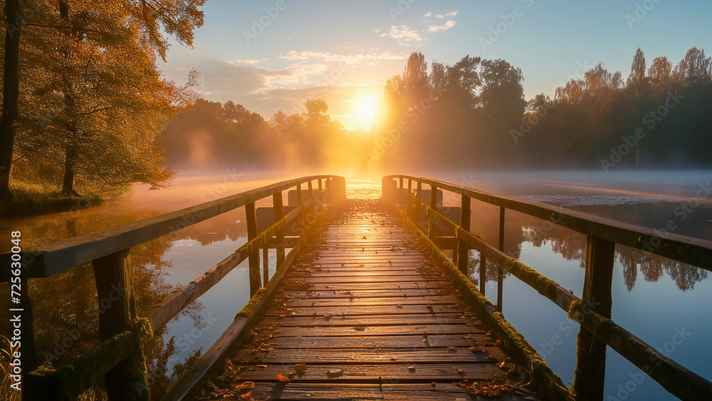 Fototapeta premium A misty morning over the lake with an old wooden bridge