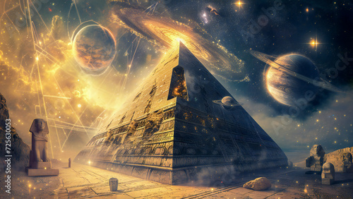 Stampa su tela A pyramid of wisdom, surrounded by planets
