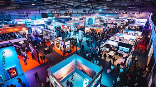 A bustling IT business convention unfolds in a vibrant image, with exhibitors showcasing cutting-edge technologies. photo