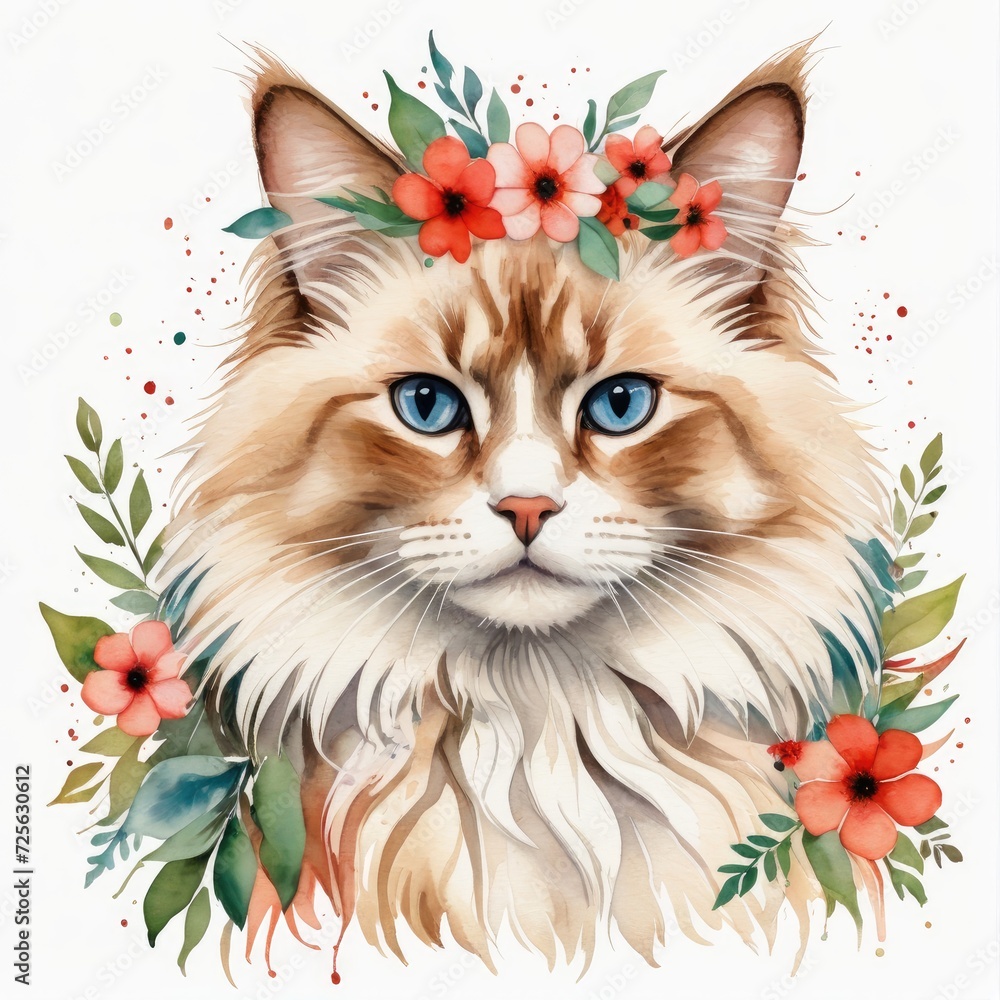 Fototapeta Watercolor red point ragdoll cat with floral wreath on head