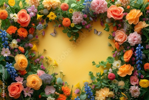 Floral colorful spring heart frame   copy space.