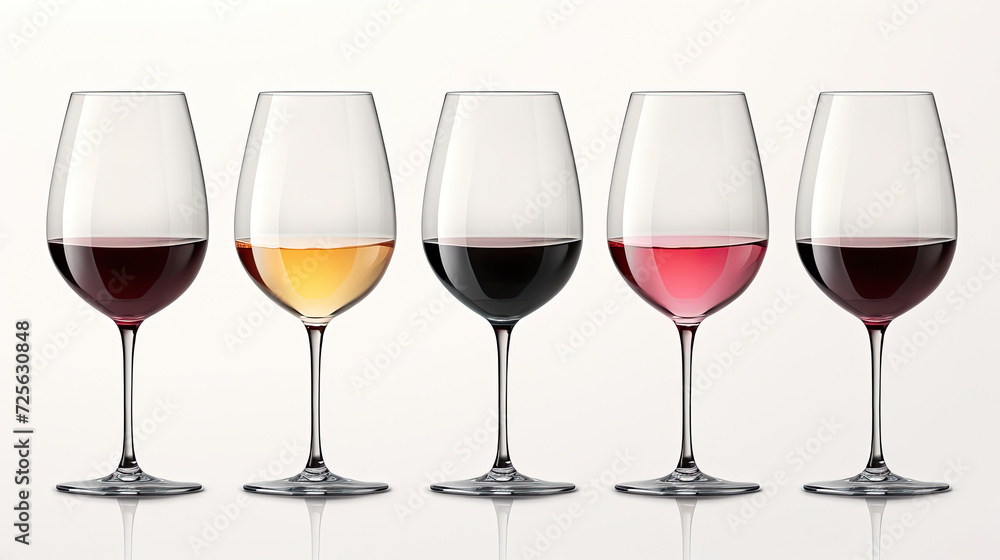 A set of colorful wine glasses neatly arranged and in a row isolated on a white background A set of colorful wine glasses neatly arranged and in a row isolated on a white background
