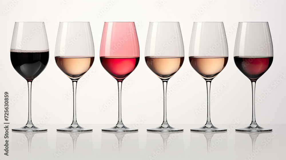 A set of colorful wine glasses neatly arranged and in a row isolated on a white background created with Generative AI Technology