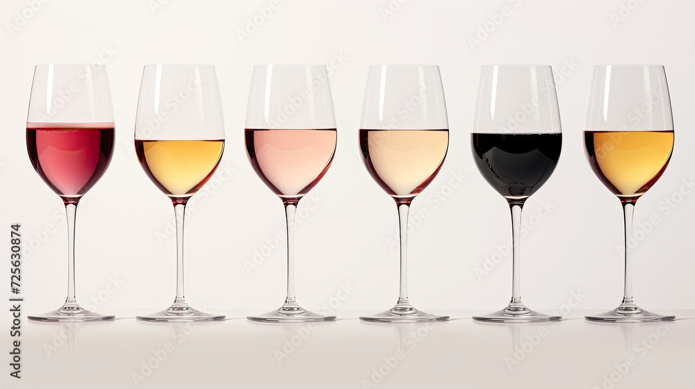 A set of colorful wine glasses neatly arranged and in a row isolated on a white background A set of colorful wine glasses neatly arranged and in a row isolated on a white background