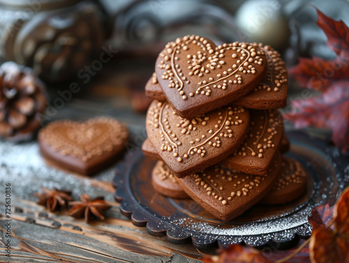 Traditional gingerbread heart cookies whose surface is decorated with decorations from icing.
