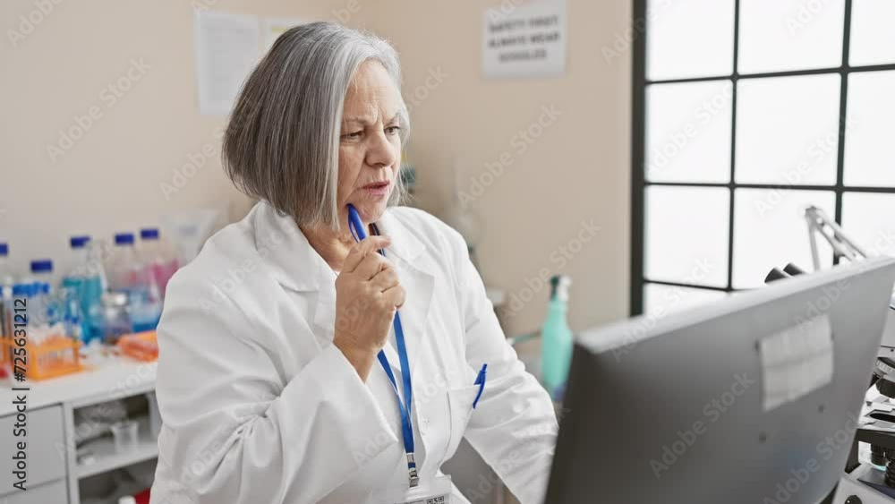 A mature woman scientist studies data on a computer in a laboratory setting. A mature woman scientist studies data on a computer in a laboratory setting.