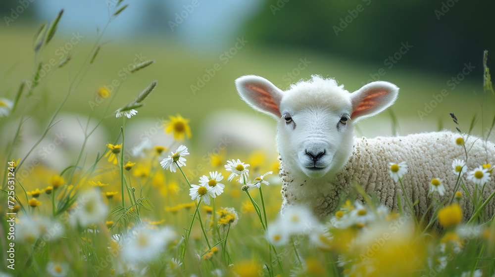 Fototapeta premium Cute lamb, baby sheep on the meadow.