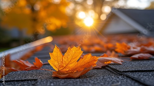 Autumn maintenance  clearing roof gutters from fallen leaves before winter arrives photo