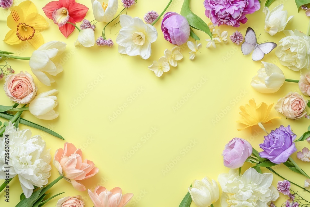 A vibrant arrangement of flowers in a heart shape, set against a yellow backdrop.