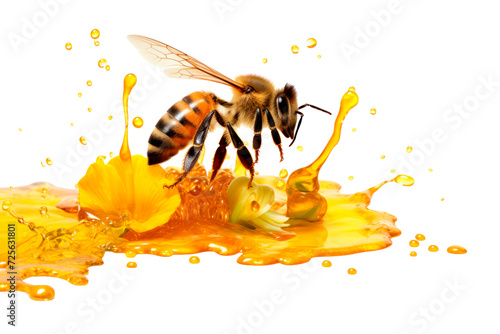 A honey bee flying to a yellow flower and honey on a transparent background, cutout png file. photo