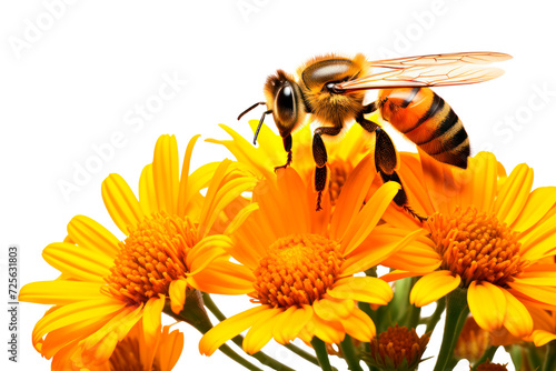 A honey bee flying to a yellow flower on a transparent background, cutout png file.
