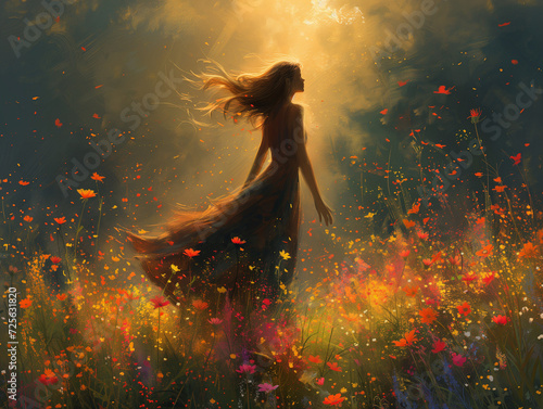 Silhouette of a girl on a summer meadow in flowers