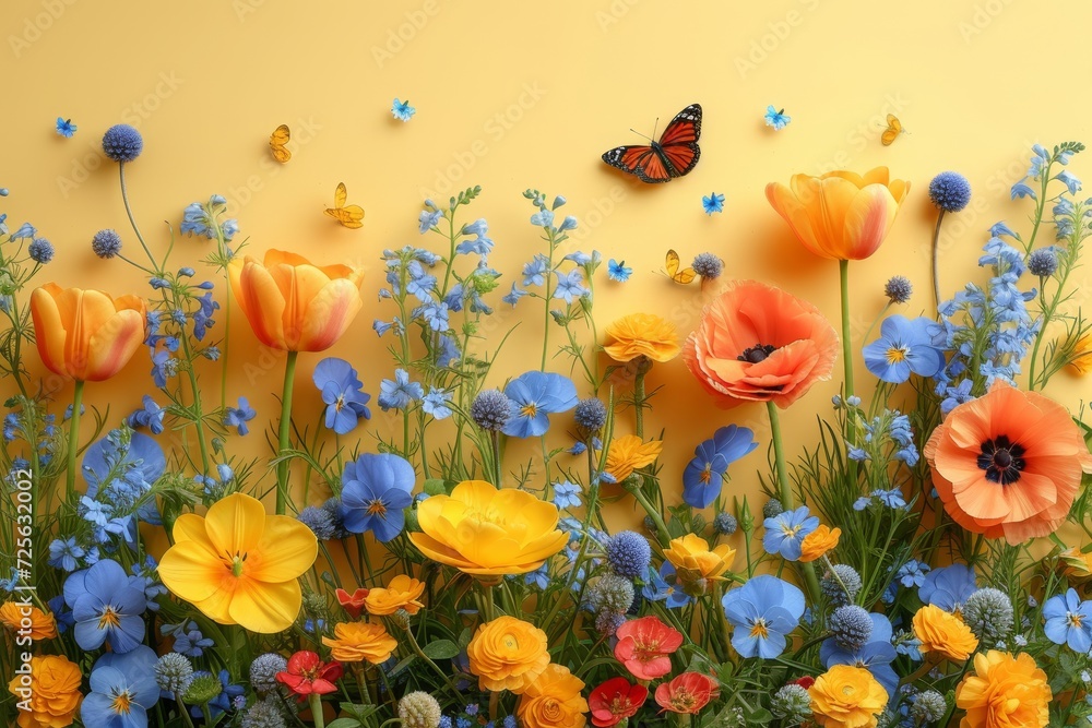 A vibrant assortment of flowers arranged in front of a solid wall, creating a burst of color and contrast.