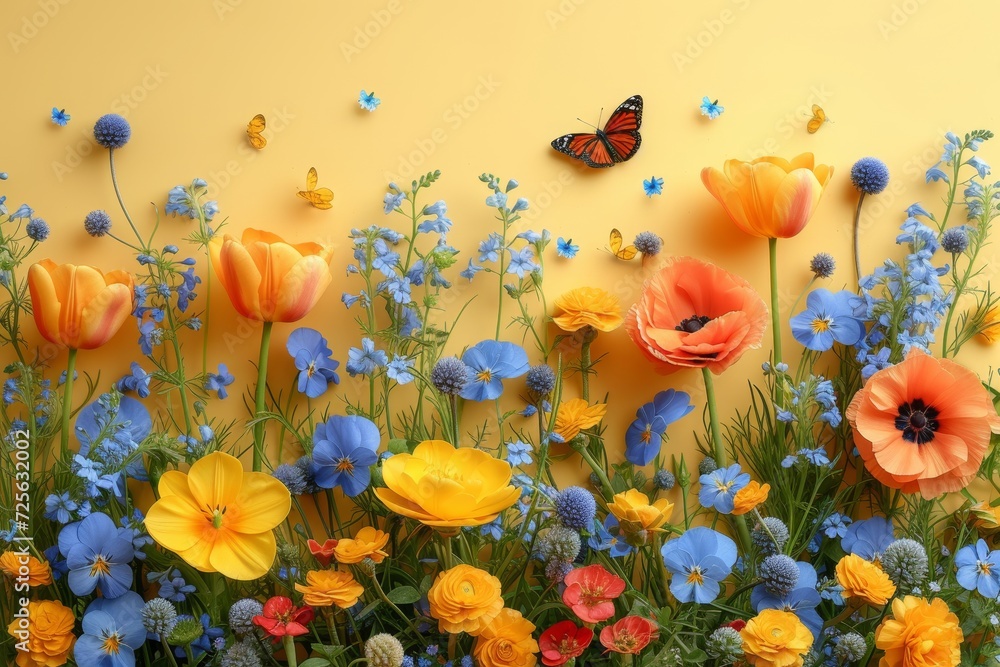 A vibrant assortment of flowers arranged in front of a solid wall, creating a burst of color and contrast. A vibrant assortment of flowers arranged in front of a solid wall, creating a burst of color and contrast.