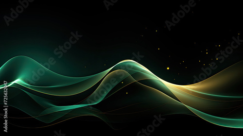 abstract minimalist solarization luxury curve lines green light wavy silver and gold on dark background created with Generative AI Technology 