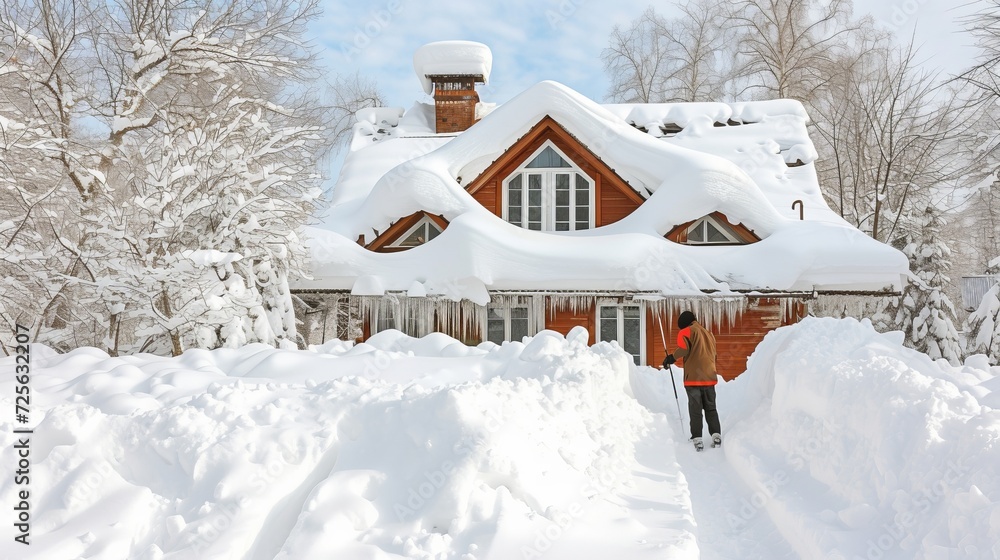 Winter day roof cleaning process removing snow from the house roof to ensure cleanliness and safety Winter day roof cleaning process removing snow from the house roof to ensure cleanliness and safety