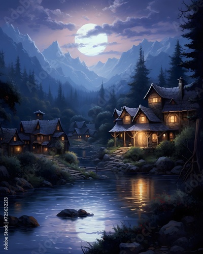 Cabin on the bank of a mountain river at night in the moonlight © Michelle