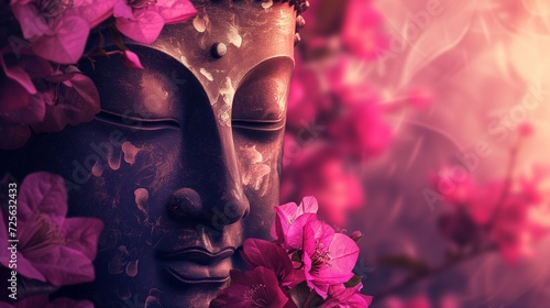A serene Buddha statue's face partially veiled by soft pink flowers, evoking a sense of peace and spirituality.