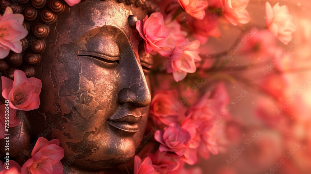 A serene Buddha statue's face partially veiled by soft pink flowers, evoking a sense of peace and spirituality.