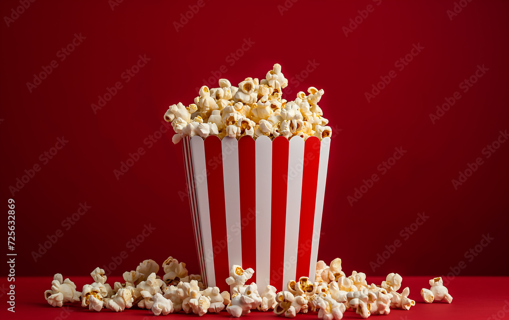 Popcorn in red and white striped box with copy space on red background Popcorn in red and white striped box with copy space on red background