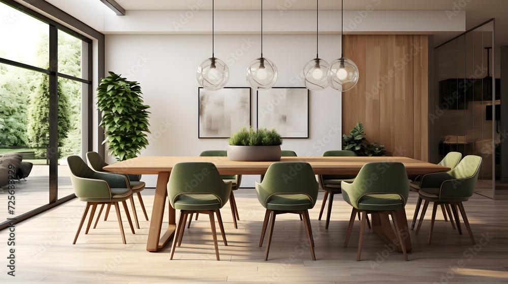 Interior design of modern dining room, wooden table and chairs 3d rendering