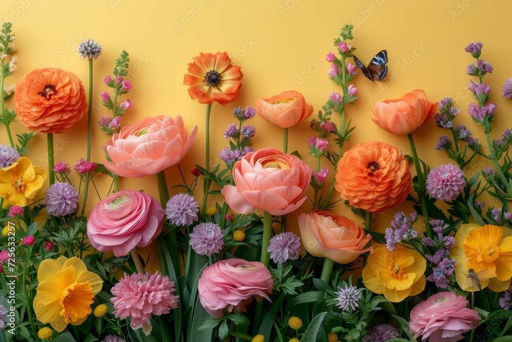 Colorful mix with peonies, ranunculus  blooms on yellow background