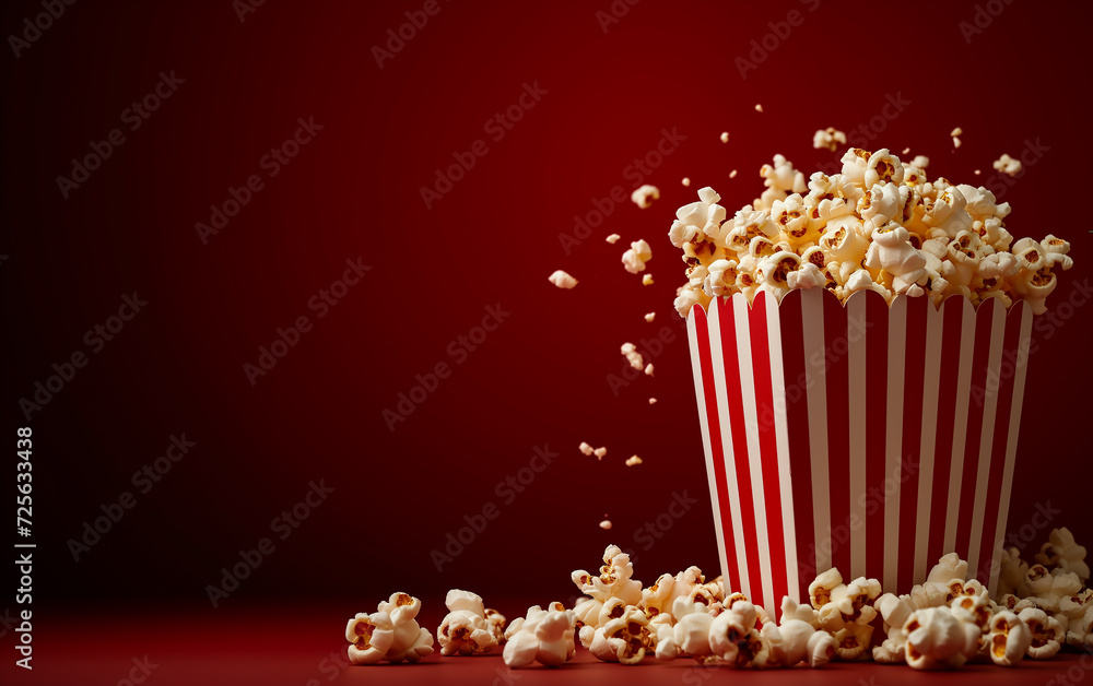 Popcorn in red and white striped box with copy space on red background