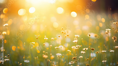 summer field with golden light, blooming flowers and beautiful blurred bokeh effect created with Generative AI Technology