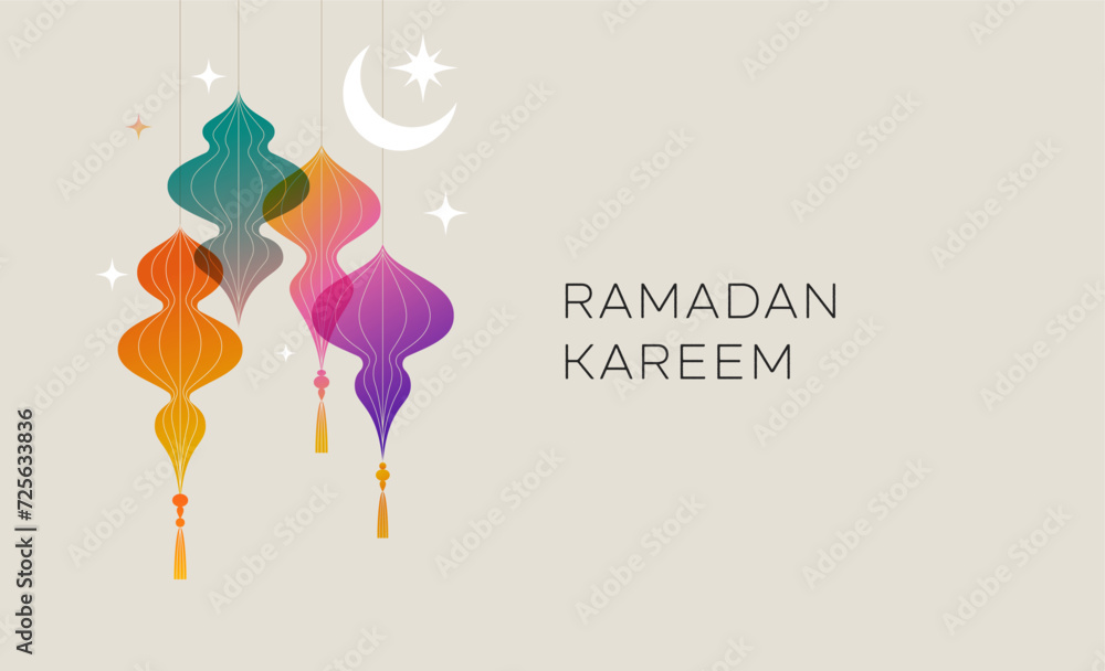 Collection of modern style Ramadan Mubarak colorful designs. Greeting card, background. Windows and arches with moon, mosque dome and lanterns