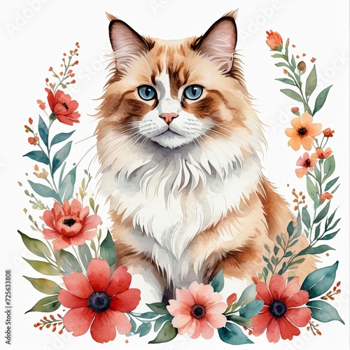 Watercolor red point ragdoll cat with flowers around