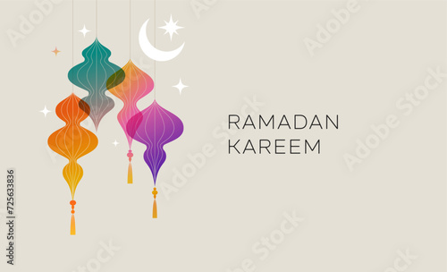 Collection of modern style Ramadan Mubarak colorful designs. Greeting card, background. Windows and arches with moon, mosque dome and lanterns