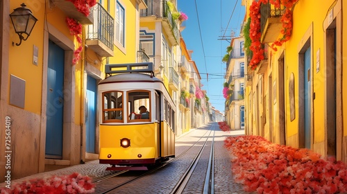Lisbon, Portugal - Yellow tran on a street with colorful houses and flowers on the balconies - Bica Elevator going down the hill of Chiado. photo