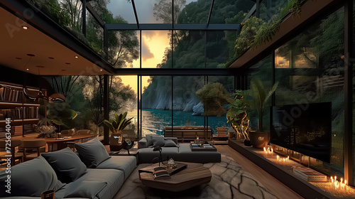 Living room with clear glass roof Among the mountains and the sea.