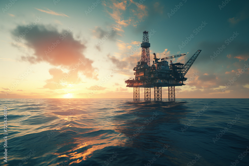 an oil rig in the ocean at sunset