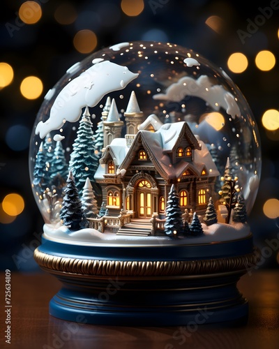 Snow globe with christmas trees and houses, bokeh background © Michelle