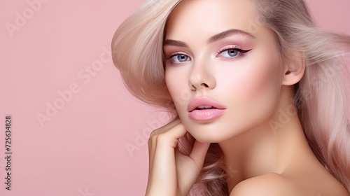 Beauty glamour female makeup models in calm face style in light magenta pink and creamy smoothness created with Generative AI Technology