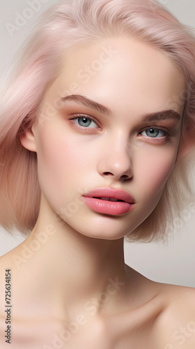 Beauty glamour female makeup models in calm face style in light magenta pink and creamy smoothness created with Generative AI Technology