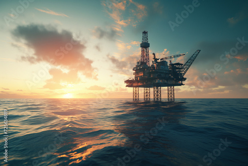 an oil rig in the ocean at sunset photo