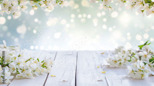 espaço vazio sobre uma tabua de madeira branca e fundo desfocado e flores photo