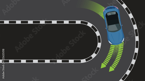top view flat cartoon of car vehicle in curve and danger road