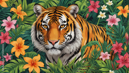 Majestic Tiger Illustrated Against a Lush Floral Background in Vibrant Colors