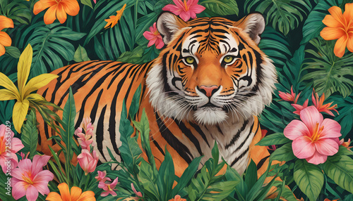 Majestic Tiger Illustrated Against a Lush Floral Background in Vibrant Colors