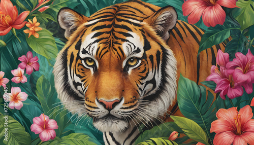 Majestic Tiger Illustrated Against a Lush Floral Background in Vibrant Colors