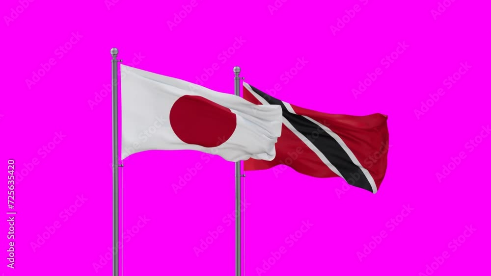 Trinidad and Tobago and Japan flag waving with colored chroma key for easy background remove, endless seamless loop, two country cooperation concept Trinidad and Tobago and Japan flag waving with colored chroma key for easy background remove, endless seamless loop, two country cooperation concept