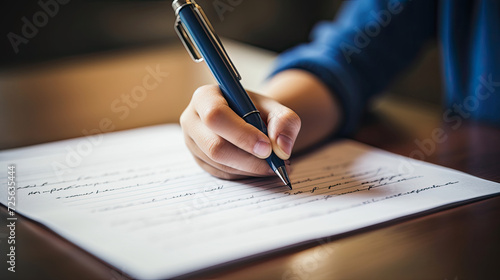 child's hand writing an essay with a pen on a piece of paper on a wooden table created with Generative AI Technology photo