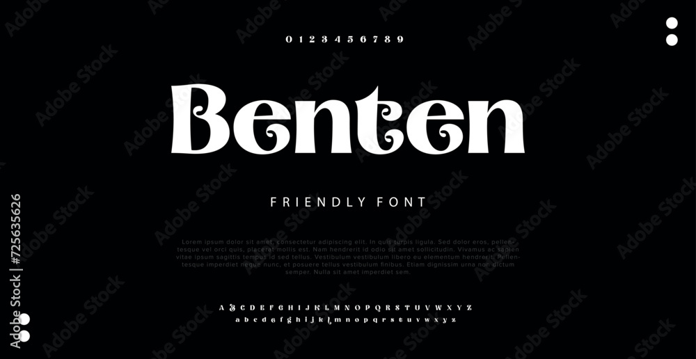 Benten futuristic minimalist display font design, alphabet, typeface, letters and numbers, typography.
