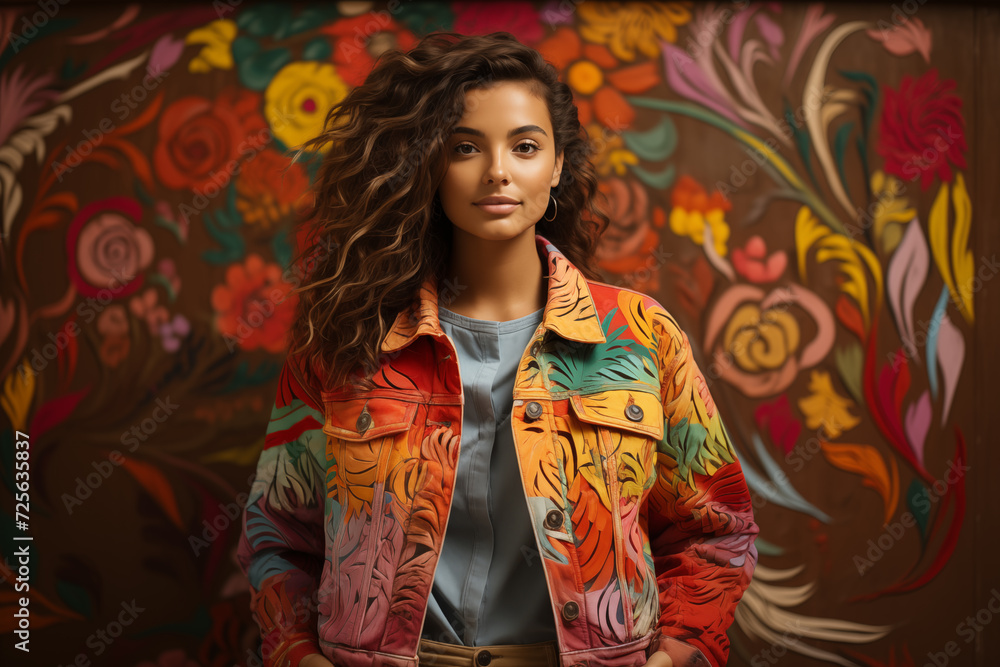 Woman in denim jacket with colorful hand painted graffiti flowers, close up Woman in denim jacket with colorful hand painted graffiti flowers, close up