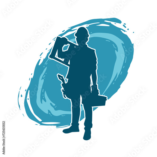 Silhouette of man in construction worker costume. Silhouette of construction worker male in pose. 
