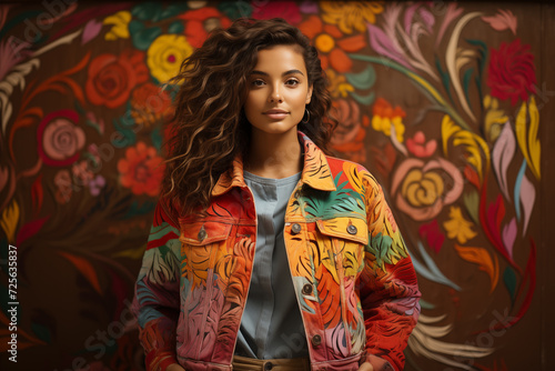 Woman in denim jacket with colorful hand painted graffiti flowers, close up