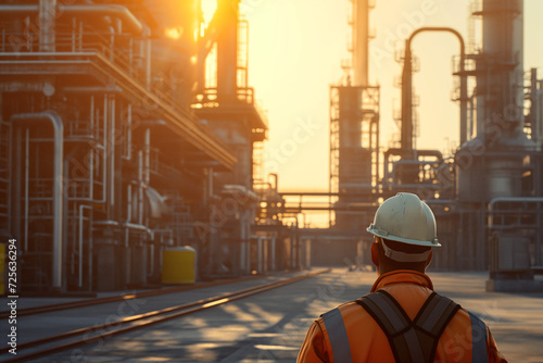 oil workers in uniform in front of refinery in the sun